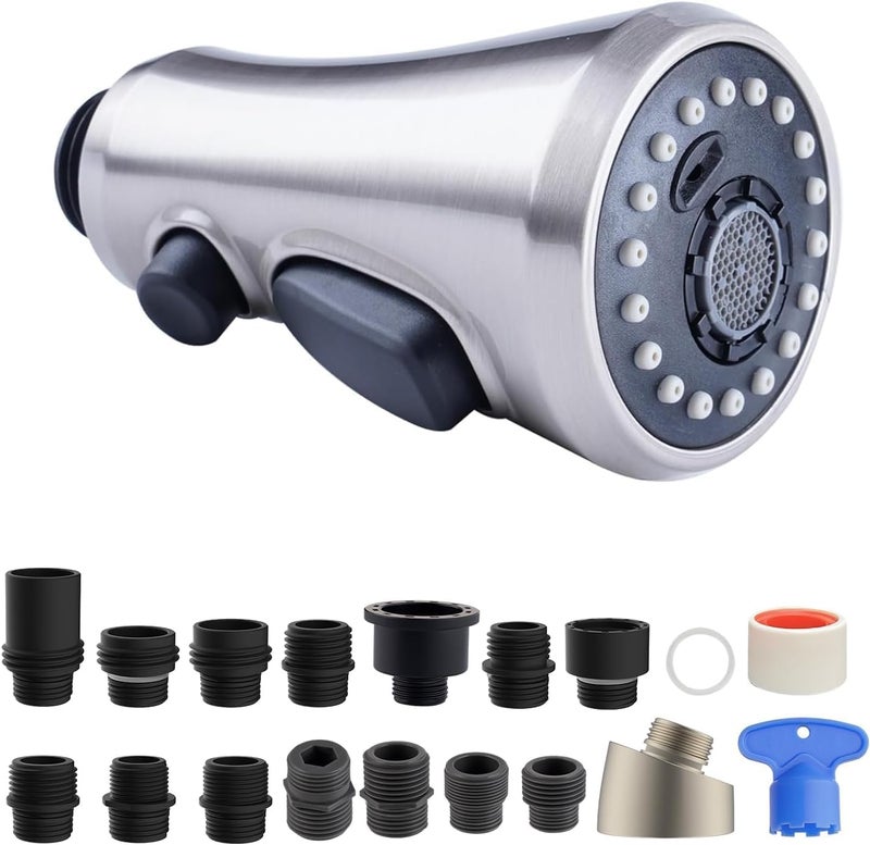 Hibbent Pull Down Spray Head for Kitchen Faucet, NSF/ANSI/CAN 61 & CUPC Certified 3-Function Spray Nozzle, 15 Adapters, Sink Faucet Head Replacement Compatible with Moen, Delta, Kohler, Brushed Nickel - Image 1