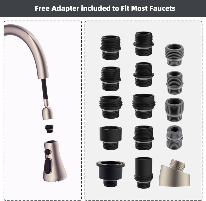 Hibbent Pull Down Spray Head for Kitchen Faucet, NSF/ANSI/CAN 61 & CUPC Certified 3-Function Spray Nozzle, 15 Adapters, Sink Faucet Head Replacement Compatible with Moen, Delta, Kohler, Brushed Nickel - Image 4