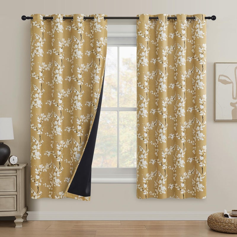 FMFUNCTEX 100% Blackout Floral Curtains for Bedroom  Mustard Yellow Curtain 63 inch Length Blossom Patterned for Living Room  Thermal Insulated Farmhouse Drapes  Grommet Top 2 Panels (White on Yellow) - Image 1