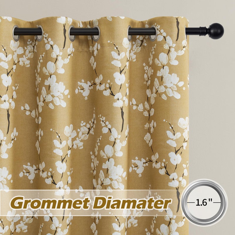 FMFUNCTEX 100% Blackout Floral Curtains for Bedroom  Mustard Yellow Curtain 63 inch Length Blossom Patterned for Living Room  Thermal Insulated Farmhouse Drapes  Grommet Top 2 Panels (White on Yellow) - Image 2