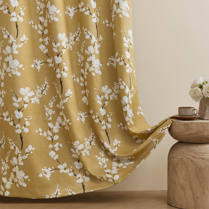 FMFUNCTEX 100% Blackout Floral Curtains for Bedroom  Mustard Yellow Curtain 63 inch Length Blossom Patterned for Living Room  Thermal Insulated Farmhouse Drapes  Grommet Top 2 Panels (White on Yellow) - Image 4
