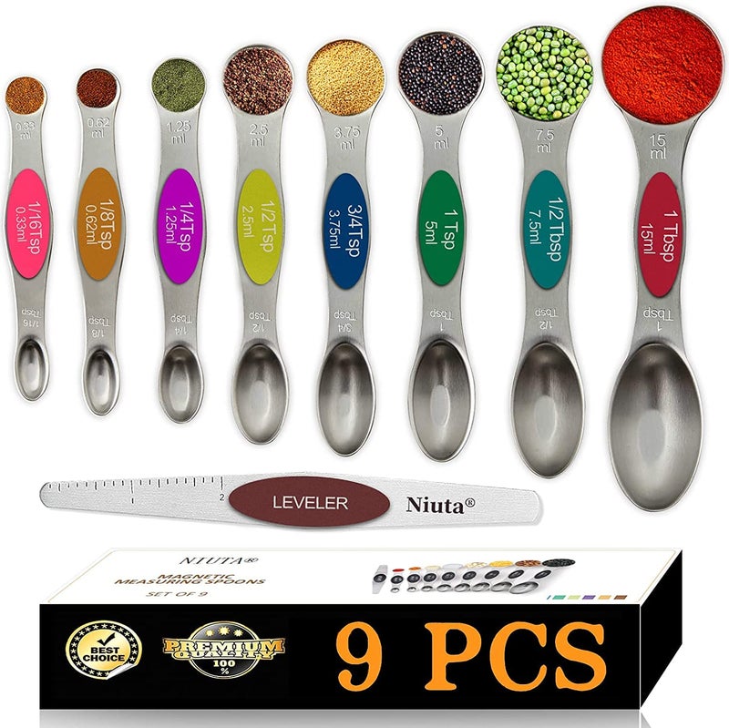 NIUTA Magnetic measuring spoons set stackable on both sides Germany stainless steel for use in spice jars and liquids set of 9Multicolour