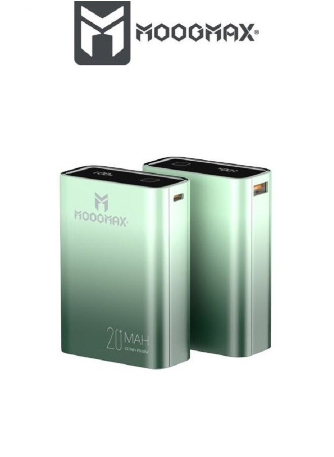 Marvel power bank 20000mAh with 22.5W, and an elegant design, small Mini size and weight, two ports (Type-C) & (USB-A), portable power bank fast charging, and a digital display screen. Gradient Green color