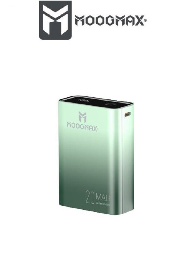 Marvel power bank 20000mAh with 22.5W, and an elegant design, small Mini size and weight, two ports (Type-C) & (USB-A), portable power bank fast charging, and a digital display screen. Gradient Green color