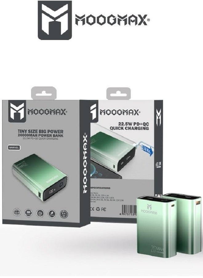 Marvel power bank 20000mAh with 22.5W, and an elegant design, small Mini size and weight, two ports (Type-C) & (USB-A), portable power bank fast charging, and a digital display screen. Gradient Green color