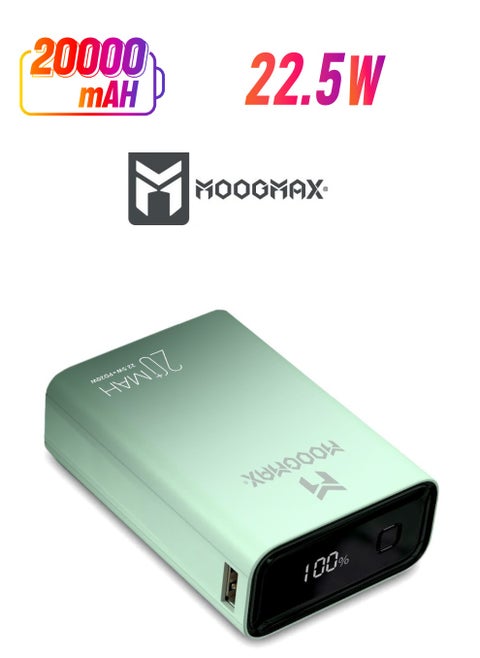 Marvel power bank 20000mAh with 22.5W, and an elegant design, small Mini size and weight, two ports (Type-C) & (USB-A), portable power bank fast charging, and a digital display screen. Gradient Green color