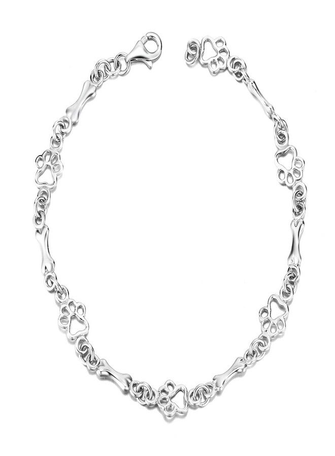 LUHE Paw Print Bracelets Gifts for Women 925 Sterling Silver Cute Dog Cat Bone Paw Bracelet for Girls, 7.5" Christmas Gifts - Image 1