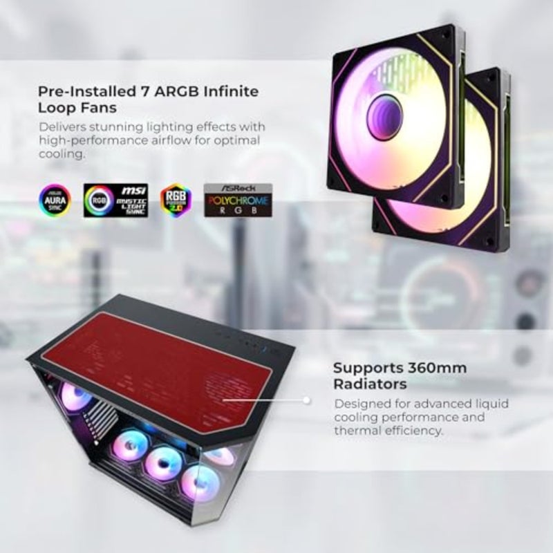 حقيبة كمبيوتر للألعاب بحجم ATX/M-ATX/ITX، زجاج ثلاثي، أبيض، تدعم مبرد سائل مقاس 360 مم و VGA مقاس 420 مم، تتضمن مراوح 7×ARGB، USB3.0، 7 فتحات توسعة، 2×فتحة SSD - Image 3