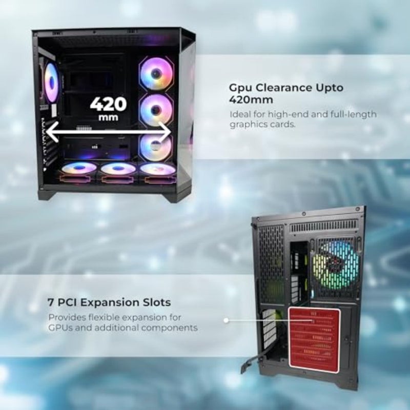 حقيبة كمبيوتر للألعاب بحجم ATX/M-ATX/ITX، زجاج ثلاثي، أبيض، تدعم مبرد سائل مقاس 360 مم و VGA مقاس 420 مم، تتضمن مراوح 7×ARGB، USB3.0، 7 فتحات توسعة، 2×فتحة SSD - Image 5