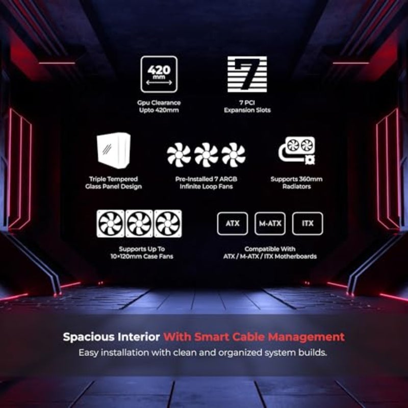 حقيبة كمبيوتر للألعاب بحجم ATX/M-ATX/ITX، زجاج ثلاثي، أبيض، تدعم مبرد سائل مقاس 360 مم و VGA مقاس 420 مم، تتضمن مراوح 7×ARGB، USB3.0، 7 فتحات توسعة، 2×فتحة SSD - Image 2