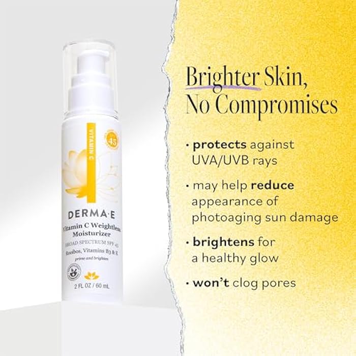 derma-e Derma E Vitamin C Weightless Moisturizer SPF 45, 2 Fl Oz, Skin Brightening Face Cream with Mineral UVA/UVB Sunscreen, Hydrating Face Moisturizer with SPF for Lines, Wrinkles and Uneven Tone - Image 2