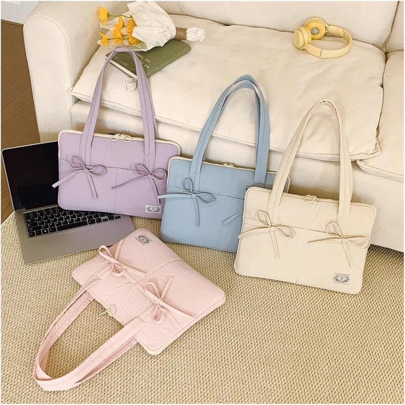 Girls' Cream Colored 14 Inch Laptop Bag Style Bow Design Versatile Commuting Tote ，Compatible for Office And Travel - Image 3