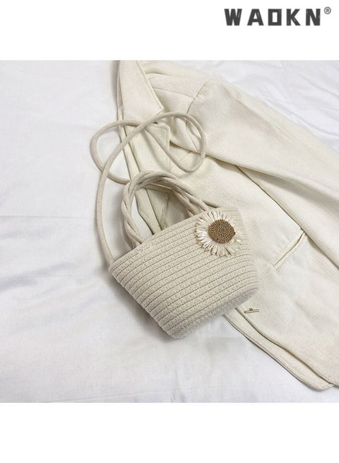 Pastoral style handwoven bag, environmentally friendly handbag, flower commuting shoulder bag, solid color storage bag, vacation crossbody bag（off white）