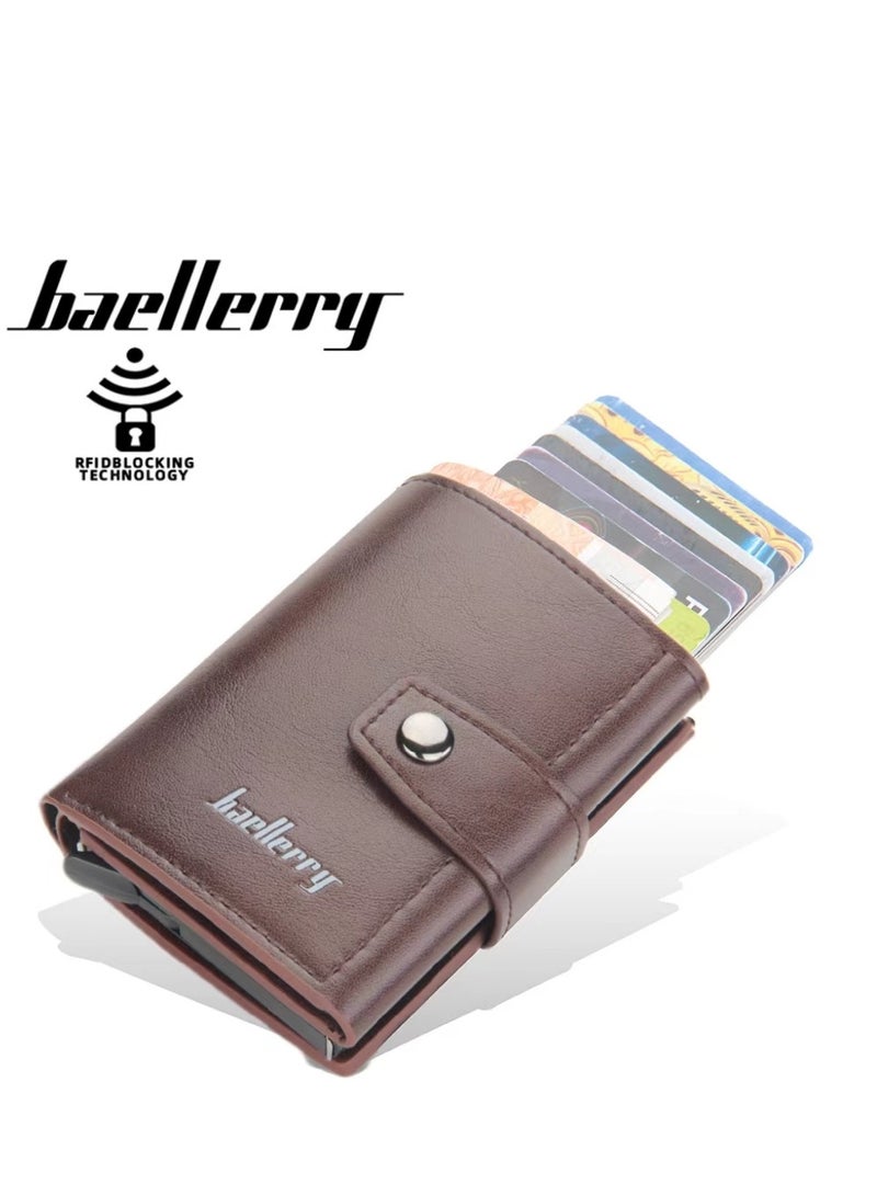 بايلليري باليريحامل بطاقات للرجال، حامل بطاقات بإبزيم مرن تلقائي، حامل بطاقات RFID معدني جديد من الألومنيوم（بني）  - Image 1