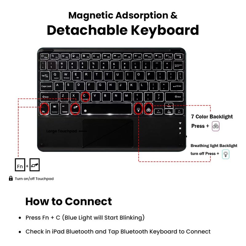 TECPHILE RY812 Keyboard Case Cover for Honor Pad 8 12 inch Tablet with High Sensitive Touchpad, 7 Color Backlit, Pencil Holder, Detachable Wireless Bluetooth Keyboard Protective Case Folio - Image 4