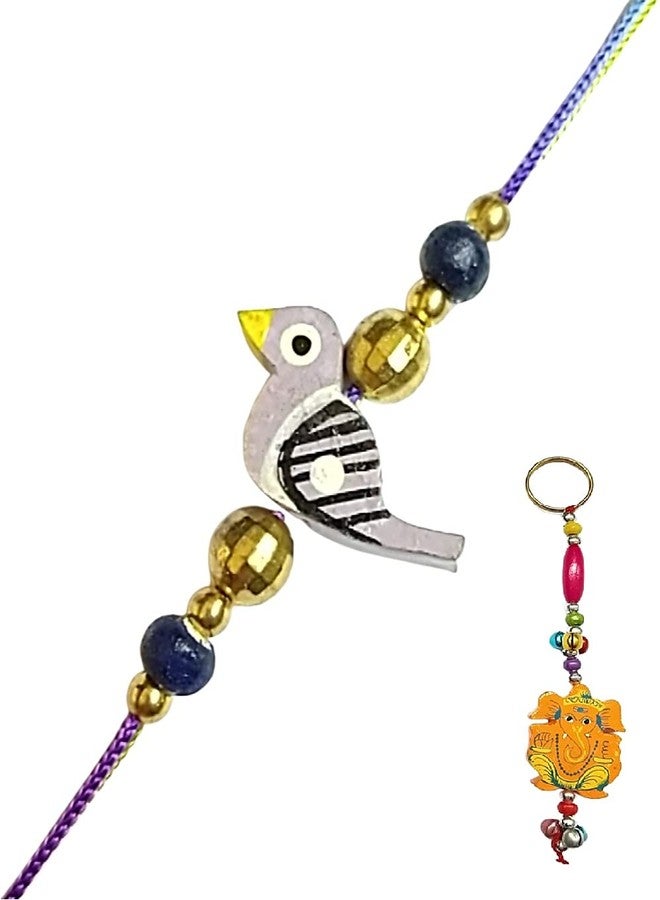 KRISHNA Rakhi for brother bhaiya kids designer for rakshabandhan with wooden bird rakhi and Wooden Orange Color Ganesha Key chain as Gift