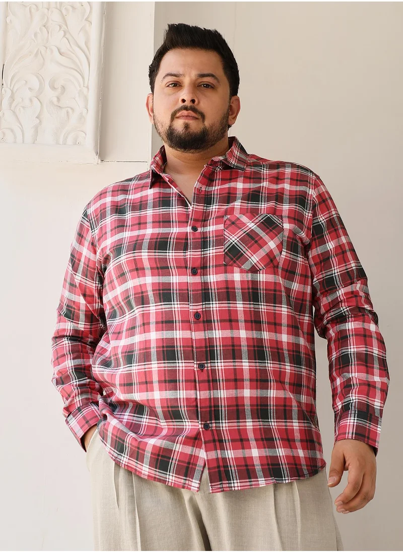 انستافاب بلس Instafab Plus Men's Scarlet Red Tartan-Plaid Regular Shirt For Casual Wear | Spread Collar | Long Cuffed Sleeves | Button Closure | Plus Size Shirt Crafted With Comfort Fit For Everyday Wear