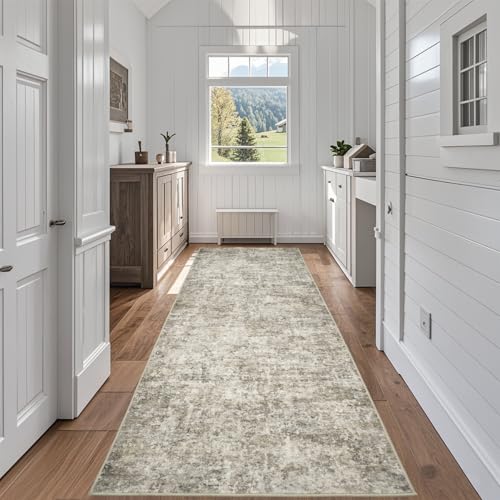 Aelenmu Runner Rug for Hallways Kitchen 26x8 Washable Non Slip Carpet Non Skid 8ft Entryway Rubber Backed 8 Feet Neutral Abstract Modern Rug Low Pile Pet Friendly Indoor Beige Brown - Image 1