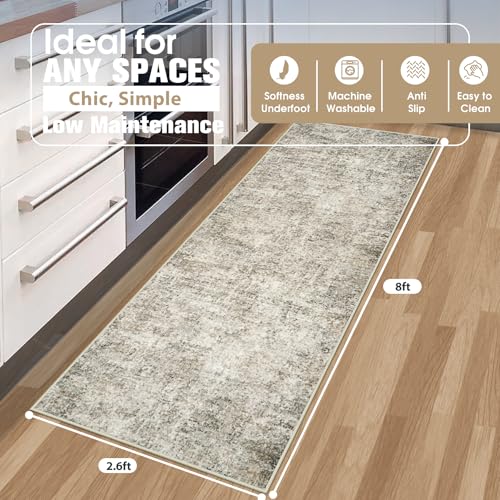 Aelenmu Runner Rug for Hallways Kitchen 26x8 Washable Non Slip Carpet Non Skid 8ft Entryway Rubber Backed 8 Feet Neutral Abstract Modern Rug Low Pile Pet Friendly Indoor Beige Brown - Image 3