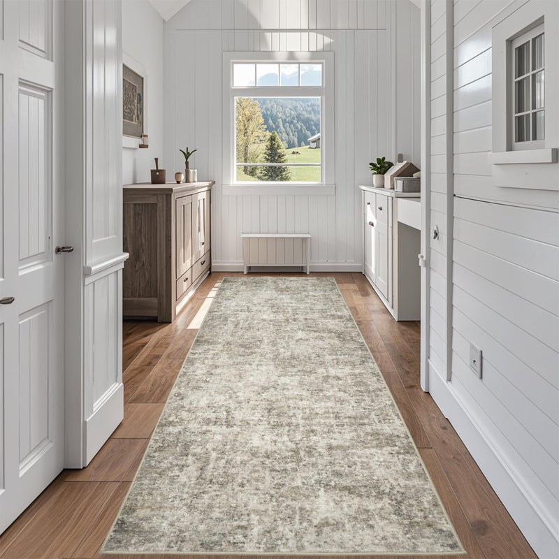 Aelenmu Runner Rug for Hallways Kitchen 26x8 Washable Non Slip Carpet Non Skid 8ft Entryway Rubber Backed 8 Feet Neutral Abstract Modern Rug Low Pile Pet Friendly Indoor Beige Brown - Image 2