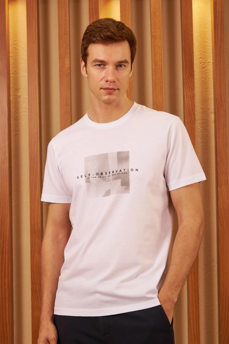 Odelon Men's Comfort Fit Printed Cotton T-Shirt White Self Observation MARS11