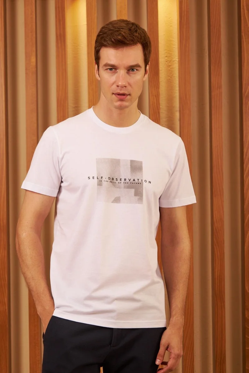 Odelon Men's Comfort Fit Printed Cotton T-Shirt White Self Observation MARS11