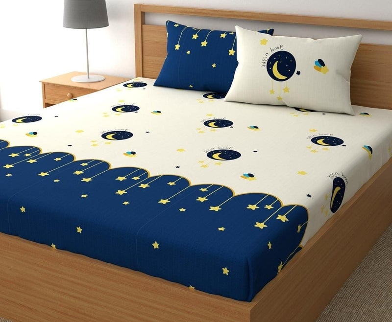 D Imports Doodle King Size Fully Elastic Fitted Bed Sheet Set fits up to 8 inches Mattress for Double Bed with 2 Pillow Covers Multi Color Moon  - Image 2