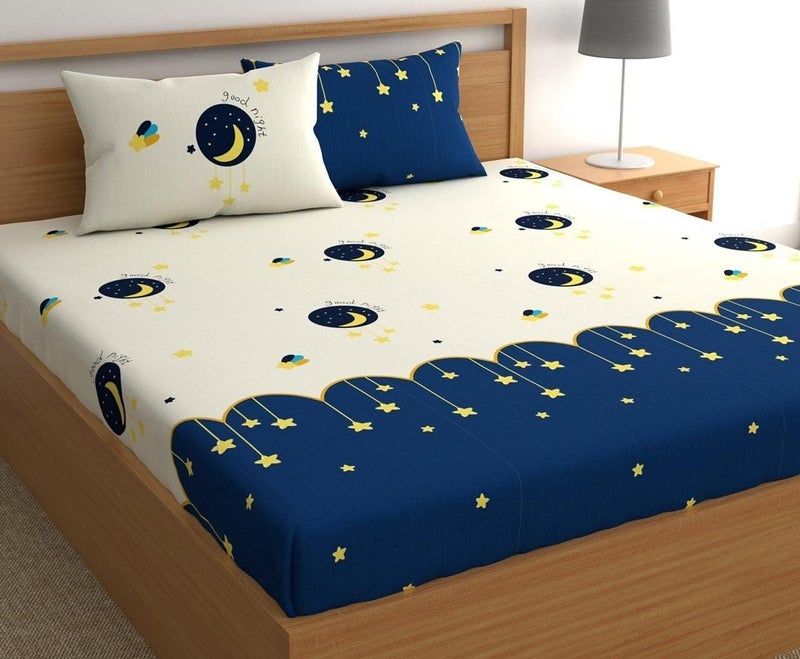 D Imports Doodle King Size Fully Elastic Fitted Bed Sheet Set fits up to 8 inches Mattress for Double Bed with 2 Pillow Covers Multi Color Moon  - Image 1