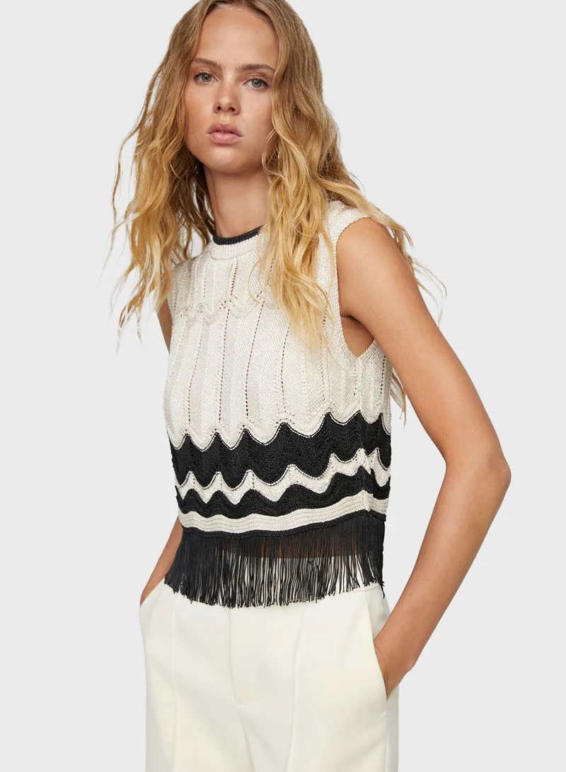 MANGO Fringe Hem Color Block Crop Top