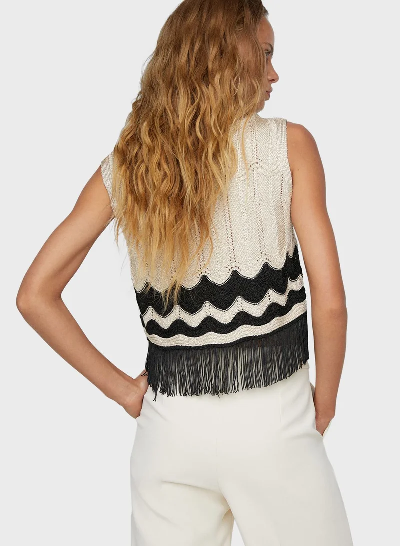 MANGO Fringe Hem Color Block Crop Top
