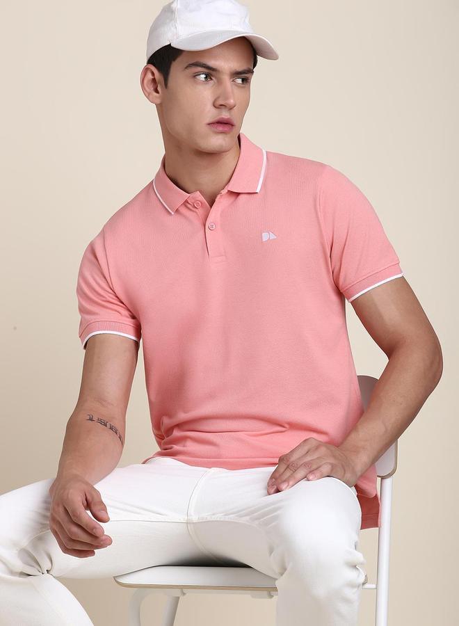 Dennis Lingo Pink Solid Regular Fit Polo Neck T-shirt for Men - 100% Cotton, Half Sleeves, Casual, - Image 3