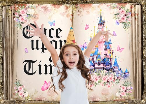 LYCGS 7x5ft Once Upon a Time Fairy Tale Books Backdrop Pink Floral Butterfly Colored Castle Princess Fairytale Birthday Party Decoration X174 - Image 3