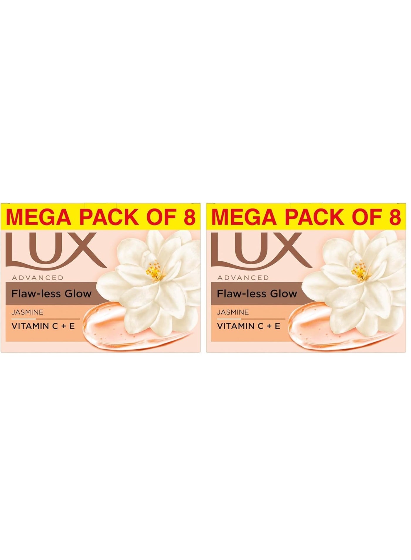 Lux Flaw-less Glow Bathing Soap (150gx8) infused with Vitamin C & E For Superior Glow Offer pack (Pack of 2)