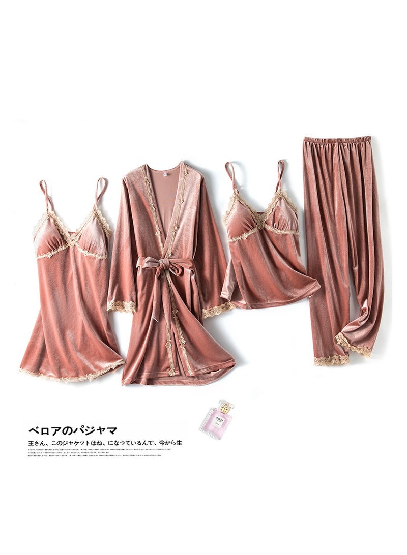 Women's autumn and winter gold velvet pajamas four-piece suit 