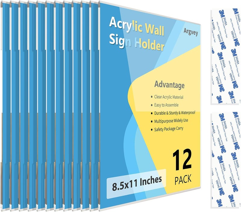 Argvey Acrylic Sign Holder 8.5 x 11 Wall Mount, Clear Plastic Sign Display Frame with Adhesive Tape, Vertical Wall Sign Holder for Office, Home, Store, Restaurant, School – 12 Pack - Image 1