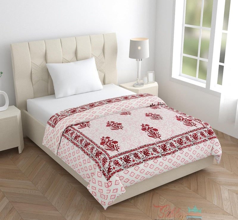 SIBLEY Hand Block Printed Pure Cotton Razai Quilts Floral Maroon Single Bed 60X90 INCHES - Image 1