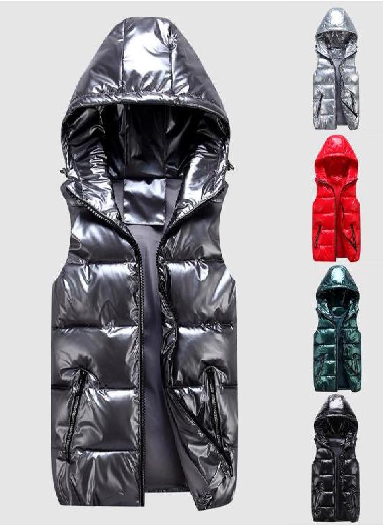 Eckek - Women Winter Vest Solid Color Hooded Warm Elastic Hem Pockets Bright Color Quilted Vest Waistcoat - Image 1