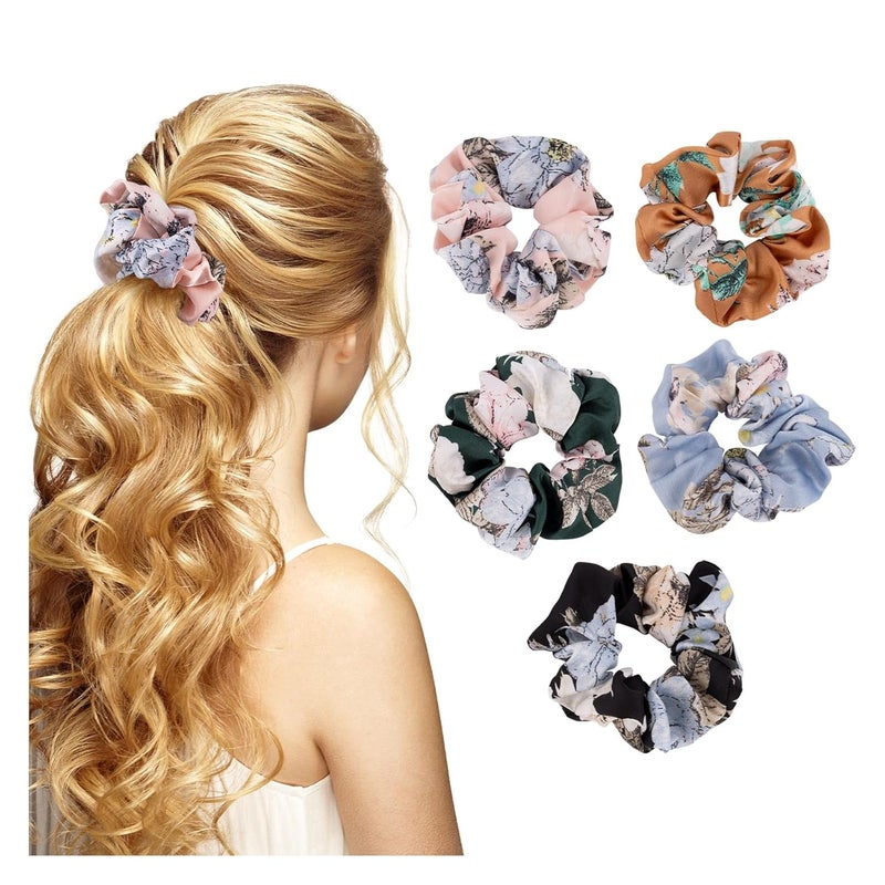 Framendino 5 Pack Silk Satin Scrunchies Floral Printed Elastic Hair Ties Accessories Gift Set for Woman