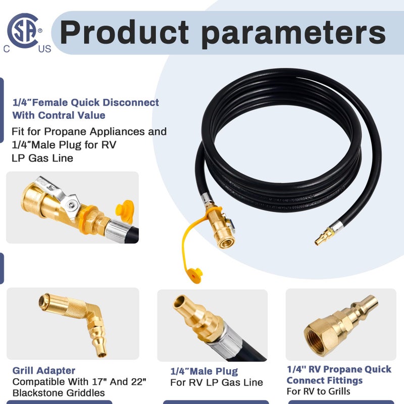 Iococee Upgraded 12FT RV Quick Connect Propane Hose for RV to Grill, Low Pressure Quick Connect Propane Hose with Elbow Adapter for 17" and 22" Blackstone Griddles/Grills - Image 2