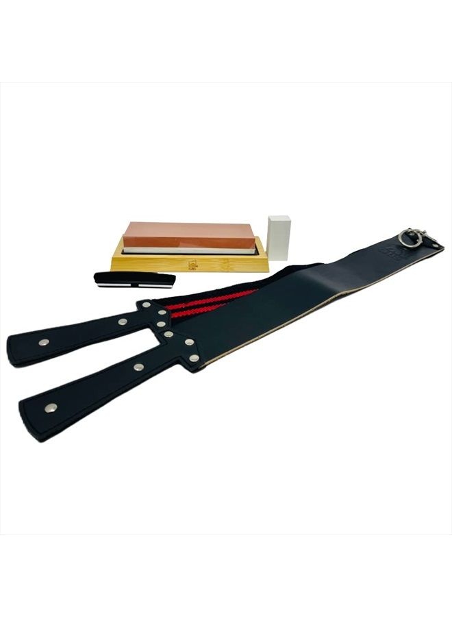 G.B.S Premium Whetstone Blade Sharpening Stone and G.B.S Leather Strop, Black with Red Strip - Image 1
