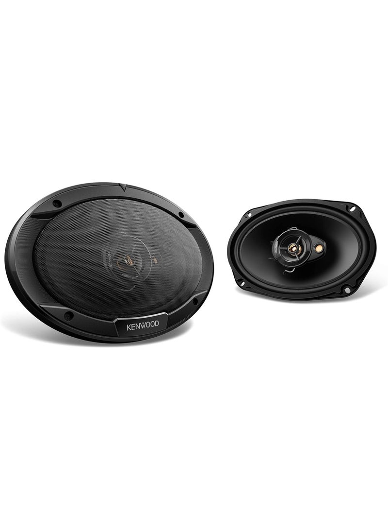 كينوود سماعات سيارة KFC-6966R من سلسلة رود (زوج) - سماعات سيارة محورية ثلاثية الاتجاهات، مقاس 6 بوصات، بقوة 400 واط، ومقاومة 4 أوم، ومكبر صوت من البولي بروبيلين، ومكبر صوت عالي التردد كهرديناميكي، وتصميم مغناطيسي متين - Image 1