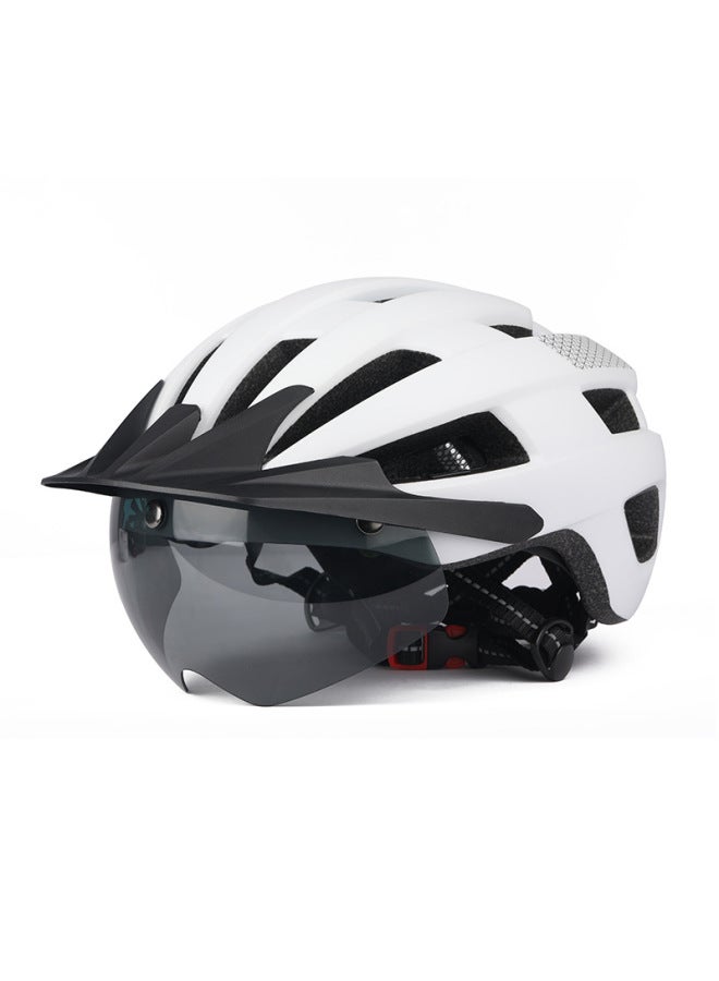 White Integrated Bicycle Helmet with Goggles Brim and Charging Light - Breathable Sports Helmet for Mountain and Road Cycling