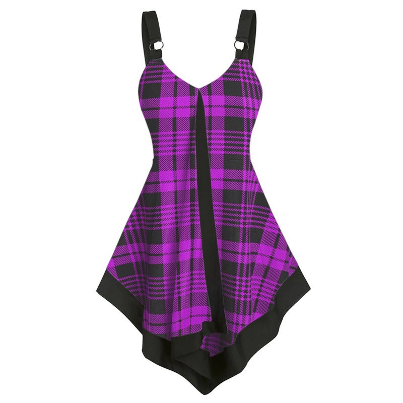 Ladies Plaid Tank Top Comfortable Sleeveless Dress 9122 Purple  - Image 1