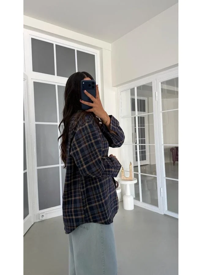 Gaus  Navy Blue Plaid Pattern Oversized Shirt GAUS-01948. for Women | Best Price UAE