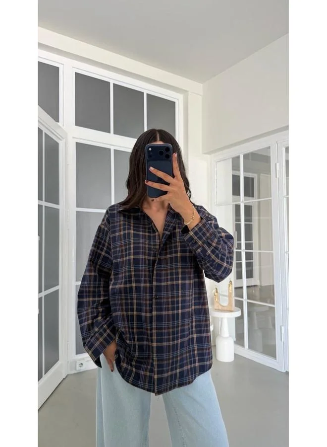 Gaus Navy Blue Plaid Pattern Oversized Shirt GAUS-01948.