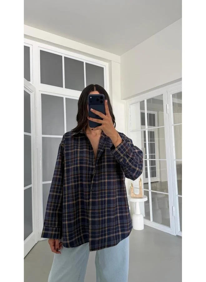 Gaus Navy Blue Plaid Pattern Oversized Shirt GAUS-01948.