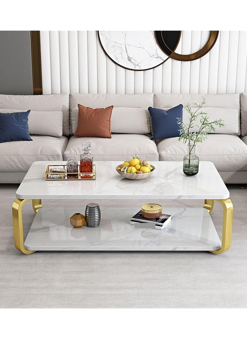 DubaiGallery 2 Tier White Side Table, Golden Iron Living Room Coffee Table Square Coffee Table Sofa Side Table Bedroom Bedside Table  - Image 1