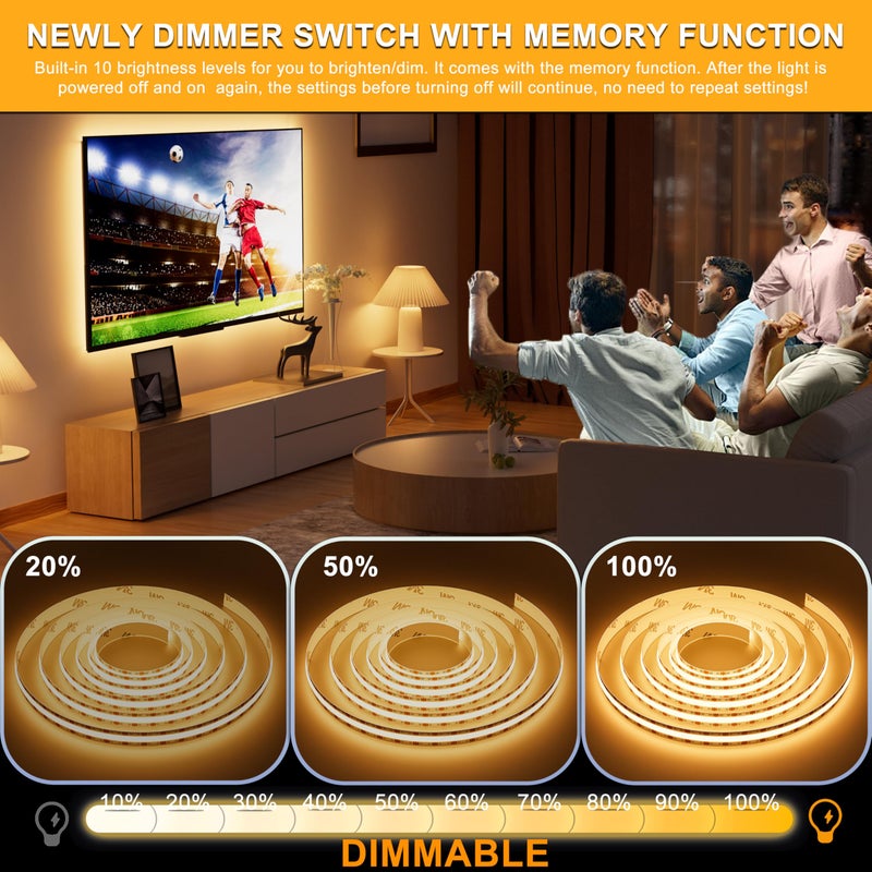 PAUTIX LED Strip Light 5V USB 6.56ft/2m 2700K, 640LEDs 1200lm Dimmable COB LED Strip Light Warm White CRI85+ USB TV Backlight,Flexible Under Cabinet Tape Light for Bedroom,Kitchen,Home DIY Lighting - Image 3