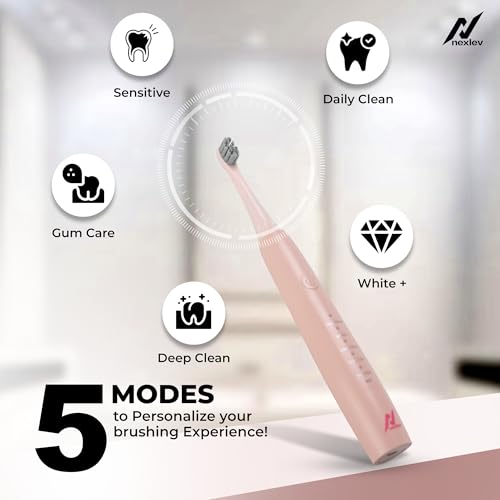Nexlev Electric Toothbrush| 40000 vibrations/min|USB Type C| 5 Modes| 2 Min timer| 30 sec Quad Interval| 4 Replaceable Brushheads With Cover| IPX7 Waterproof| For Adults|Sparkle Pro ETC-05 Sunset Pink - Image 2