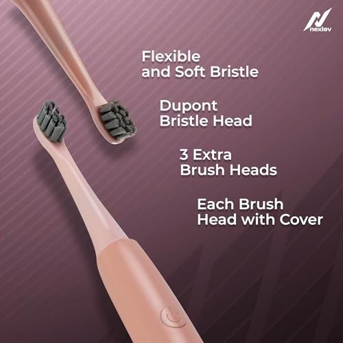 Nexlev Electric Toothbrush| 40000 vibrations/min|USB Type C| 5 Modes| 2 Min timer| 30 sec Quad Interval| 4 Replaceable Brushheads With Cover| IPX7 Waterproof| For Adults|Sparkle Pro ETC-05 Sunset Pink - Image 5